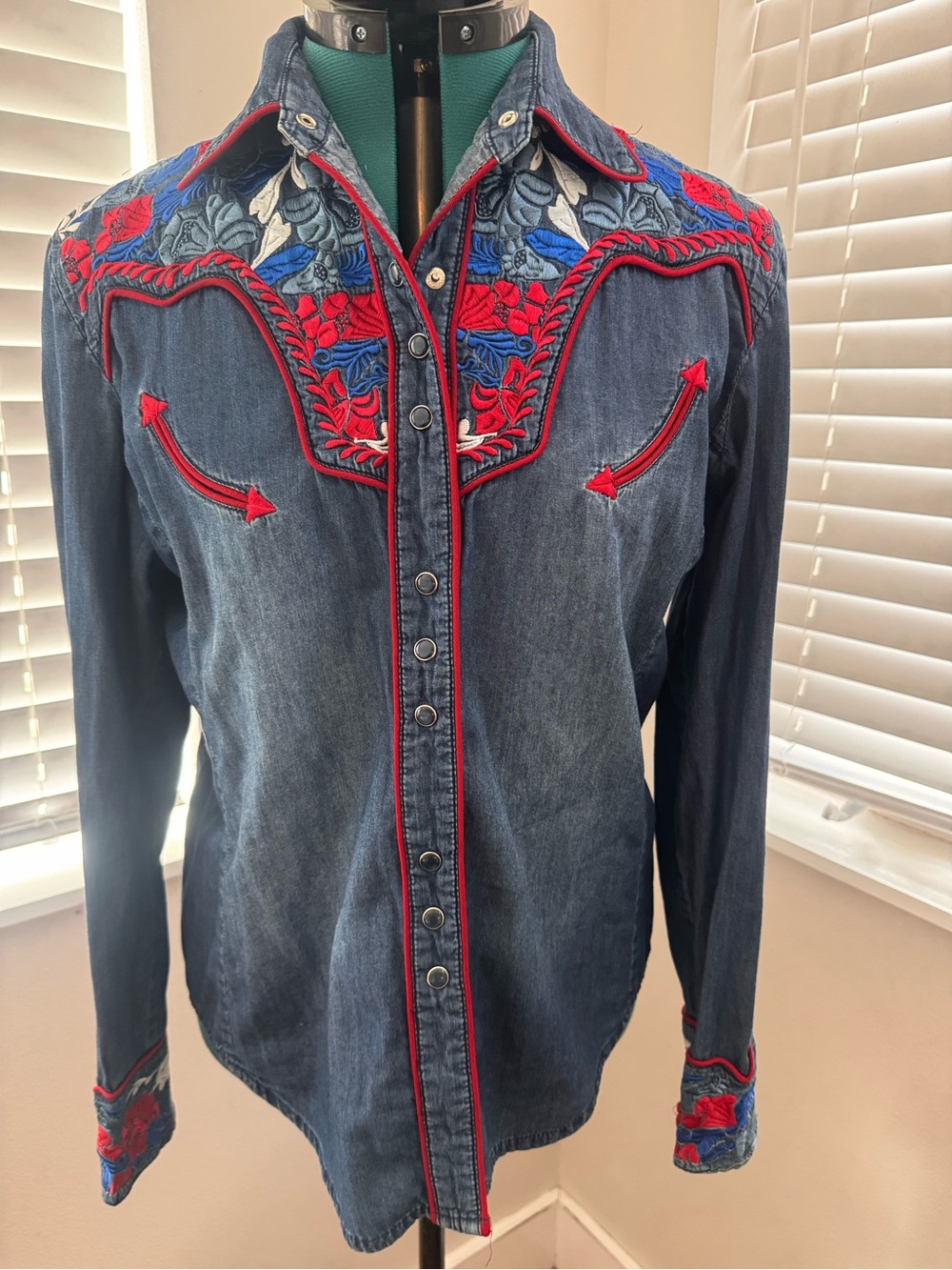 Scully Dark Blue Denim Western Button-Down Shirt with Red & Blue Embroidery